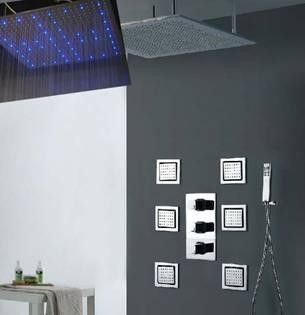 High - End Color Changing Ceiling Mounted Rain Shower Head With Body Jet , Square Shape