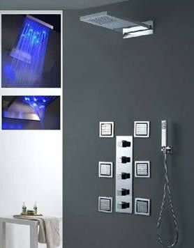 High - End Color Changing Ceiling Mounted Rain Shower Head With Body Jet , Square Shape